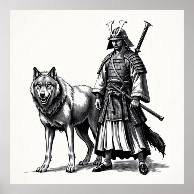 Fierce Bond: Samurai und Wolf Holzkohle Kunst Poster (Vorne)