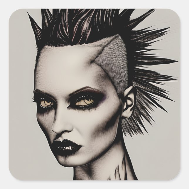 Fierce Frau in Mohawk und Piercings Gothic Punk Quadratischer Aufkleber (Vorderseite)
