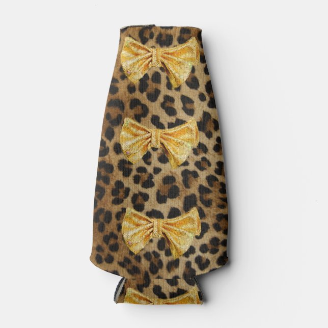 Fierce Girly Leopard Print & Glittering Gold Bow Flaschenkühler (Vorderseite)