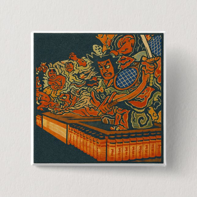 Fierce Kabuki Warriors – Japanese Woodblock Spirit Button (Vorderseite)