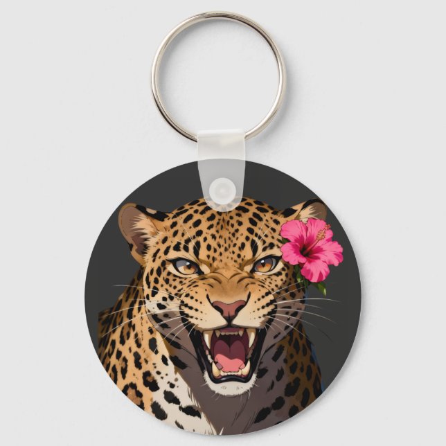 Fierce Leopard Pink Flower Keychain Schlüsselanhänger (Vorderseite)