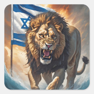 Fierce Lion mit israelischer Flagge Quadratischer Aufkleber