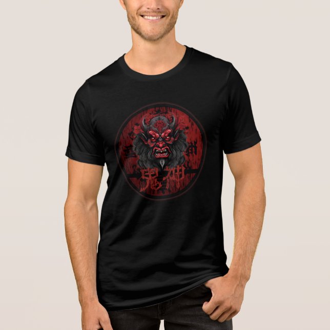 Fierce Oni Mask – Japanese Demon Samurai Tri-Blend Shirt (Vorderseite)