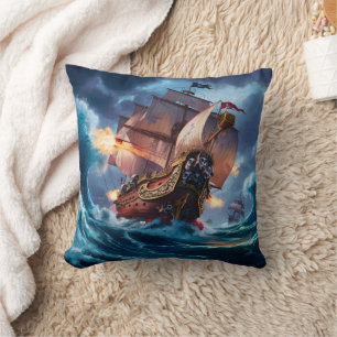 Fierce Pirate Ship Engaging Stormy Sees at Dusk Kissen