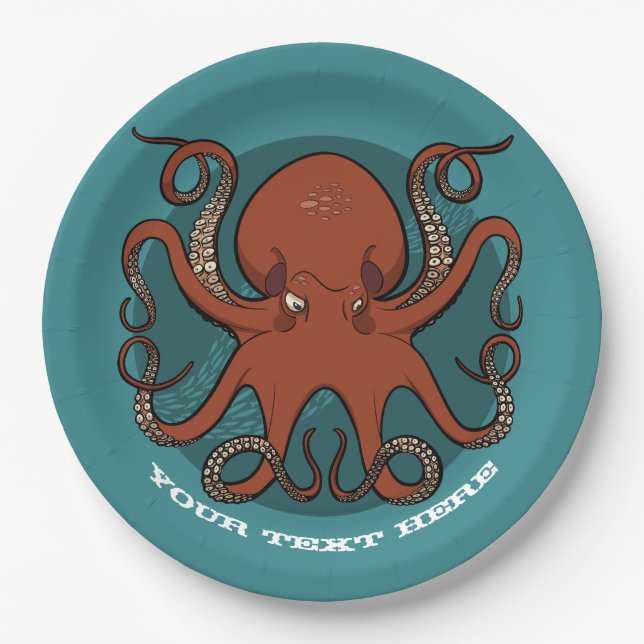 Fierce Red Octopus Tentacles Cartoon Pappteller (Vorderseite)