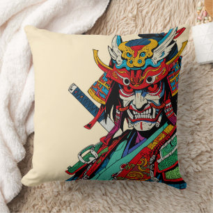 Fierce Samurai Warrior - farbenfrohe japanische Bu Kissen