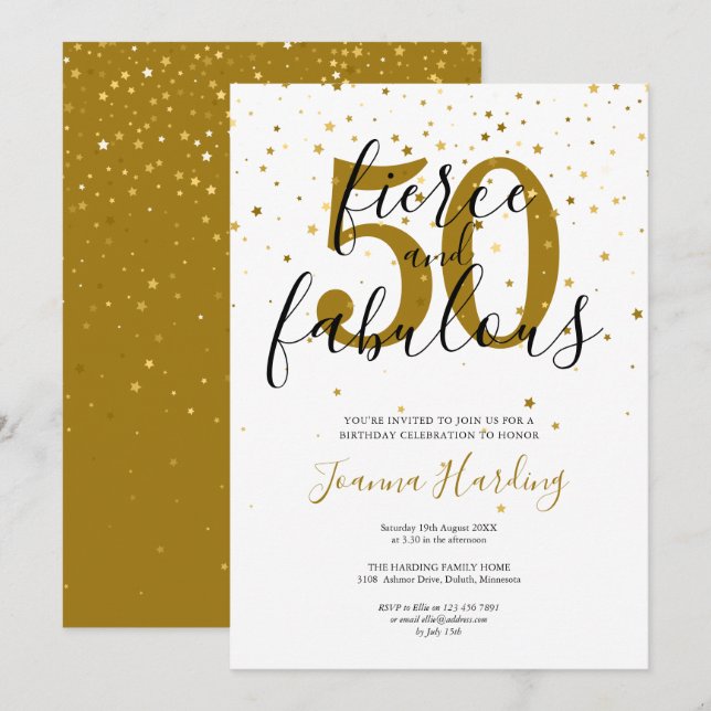 Fierce und Fabulous Gold und Black Birthday Einladung (Vorne/Hinten)