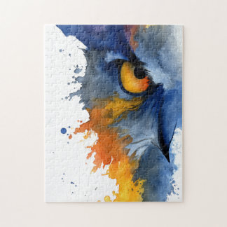 Fierce watercolor owl in blue and orange