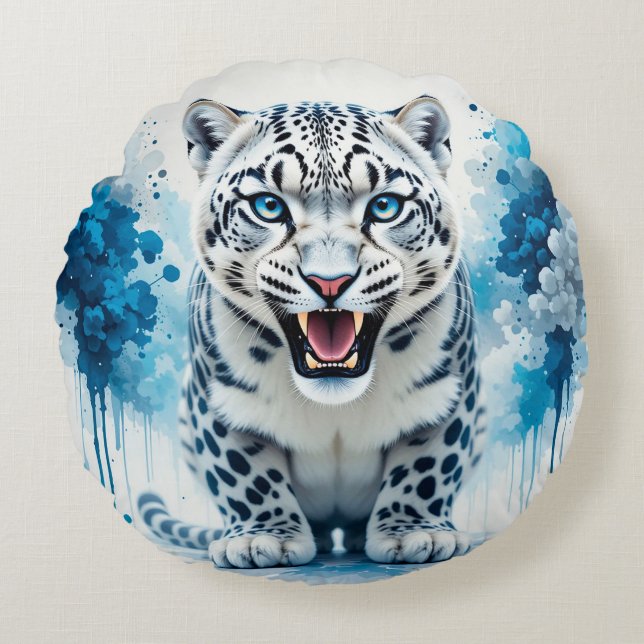 Fierce White Leopard Rundes Kissen (Vorderseite)