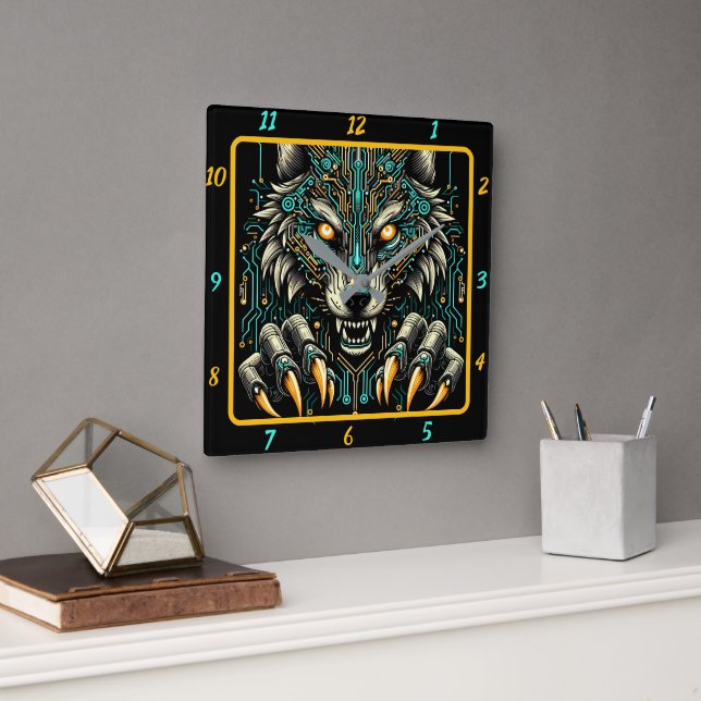 Fierce Wolf Neon Glow Timepiece Quadratische Wanduhr (Büro)
