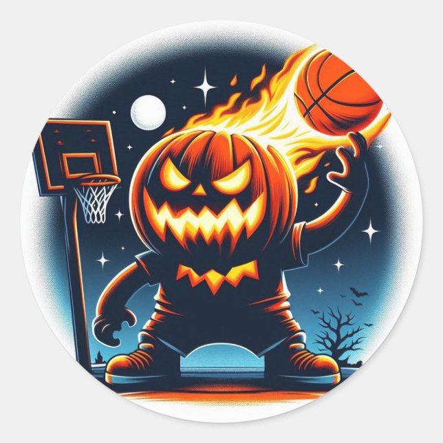 Fiery Basketball Pumpkin: Halloween Night Sports Runder Aufkleber (Vorderseite)