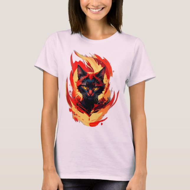 Fiery Black Cat  Flame Cat Graphic T-Shirt (Vorderseite)