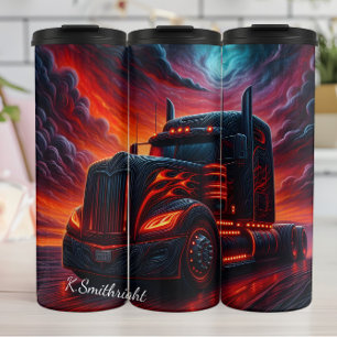 Fiery Black Semi Truck Sunset Thermosbecher