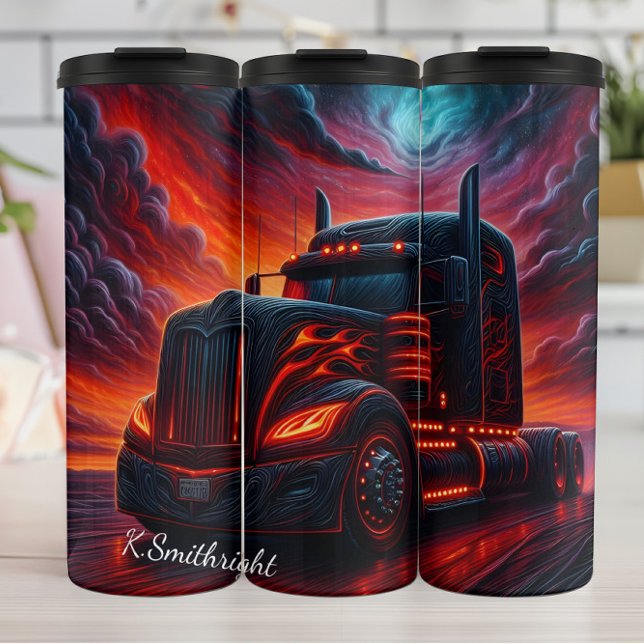 Fiery Black Semi Truck Sunset Thermosbecher (Von Creator hochgeladen)