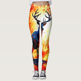 Fiery Deer Stance-Crimson Stag Scene Leggings