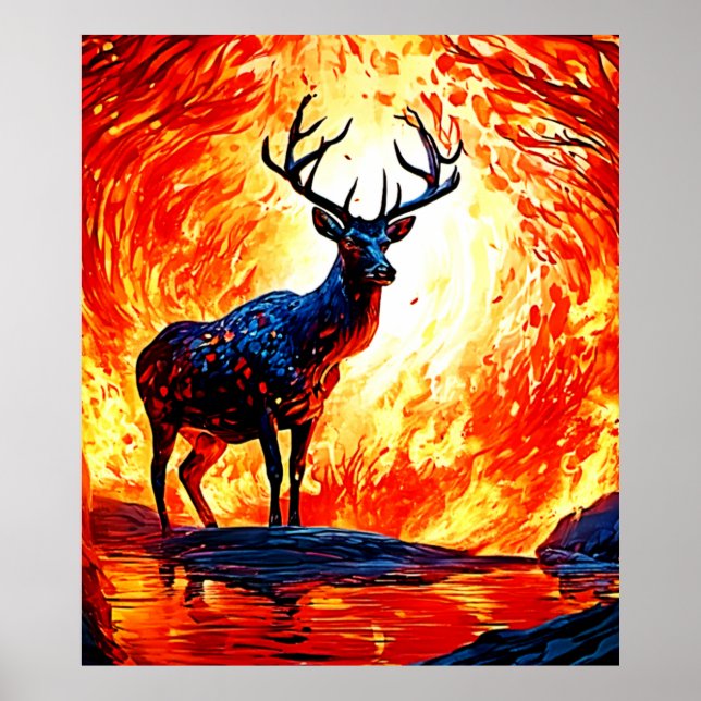 Fiery Deer Stance-Crimson Stag Scene Poster (Vorne)
