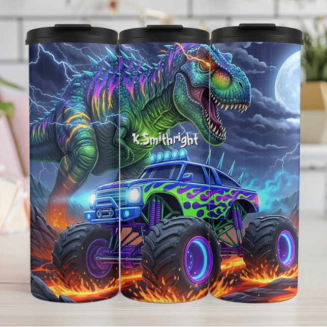 Fiery Dinosaur Monster Truck Battle Thermosbecher (Von Creator hochgeladen)