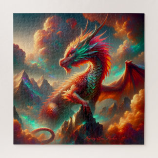 Fiery Dragon on Mountain Peak mit Twilight Sky