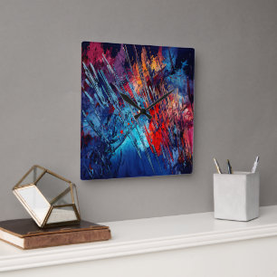 Fiery Drift Blue Red Moderne Abstrakte Kunst Quadratische Wanduhr