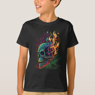 Fiery Flamed Skull Vivid Colors Goth Rock Biker T-Shirt