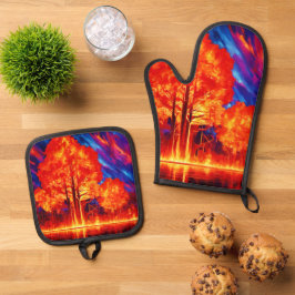 Fiery Forest Ablaze in lebhaften Farben Ofenhandschuh & Topflappen-Set