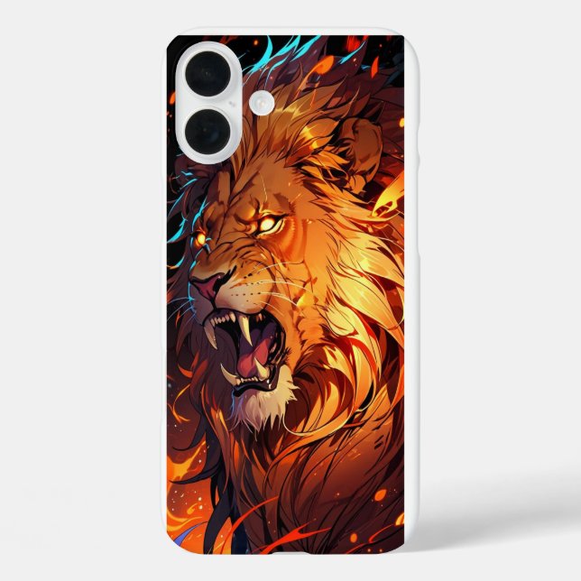 Fiery Lion mit lebendigem Mane und Naturelementen iPhone 16 Plus Hülle (Rückseite)