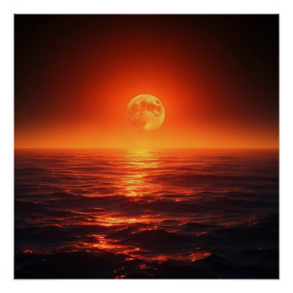 Fiery Moon Over Calm Ocean Fantasy Sunset Poster