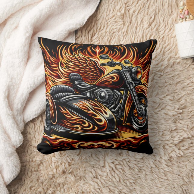 Fiery Motorrad mit lebhaften Flammen und Sidecar Kissen (Decke)