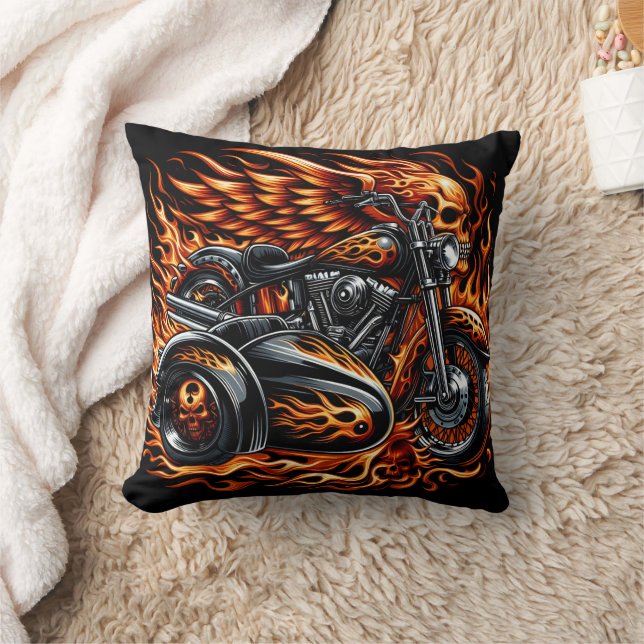 Fiery Motorrad mit lebhaften Flammen und Sidecar Kissen (Decke)