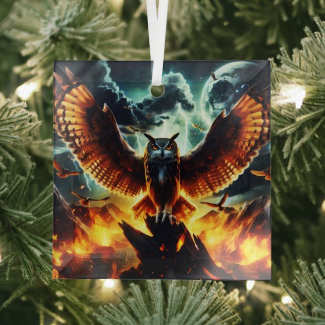 Fiery Owl Moonrise Ornament Aus Glas (Insitu)