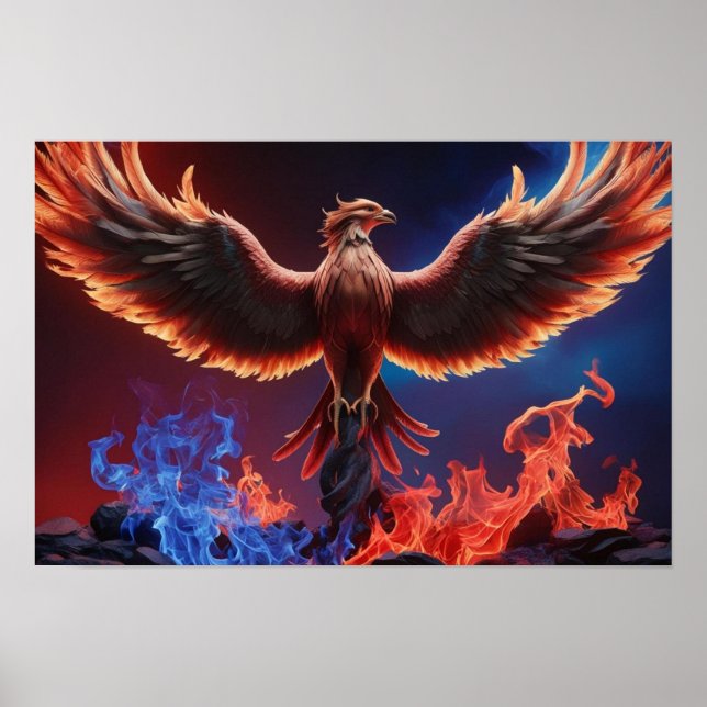 Fiery Phoenix: Rebirth in Red and Blue Flames Poster (Vorne)