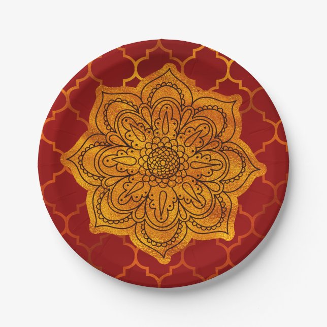 Fiery Red Gold Royal Indian Arabian Thema marokkan Pappteller (Vorderseite)