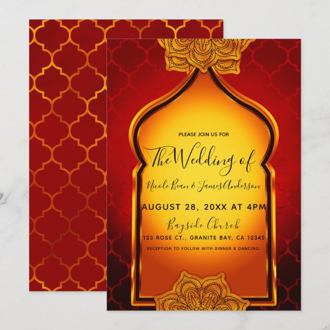 Fiery Red Gold Royal Indian Arabian Theme Wedding Einladung (Vorne/Hinten)