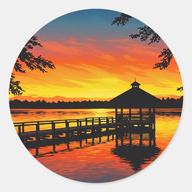Fiery Red Lake Sunset with Dock Runder Aufkleber (Vorderseite)