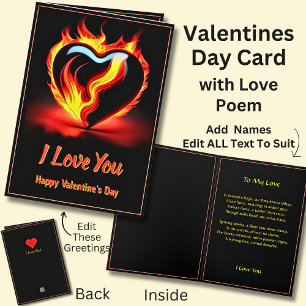 Fiery Red Valentine Herz Liebe mit Gedicht Karte