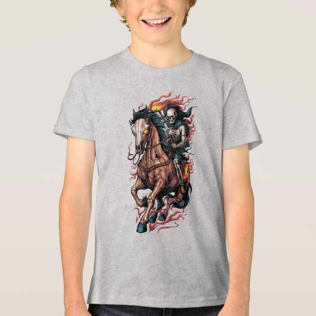 Fiery Skeleton Reiten auf einem Galopp Tri-Blend Shirt (Vorderseite)