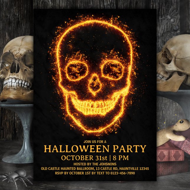 Fiery Skull Halloween-Party Einladung (Halloween invitation fiery skull, let's set the party on fire. Burning skull Halloween invitation)