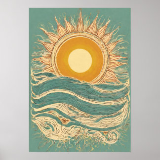 Fiery Sun on Green Sun Illustration Wall Art Print Poster