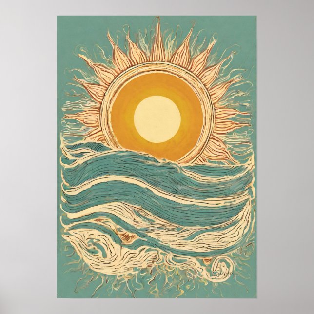 Fiery Sun on Green Sun Illustration Wall Art Print Poster (Vorne)