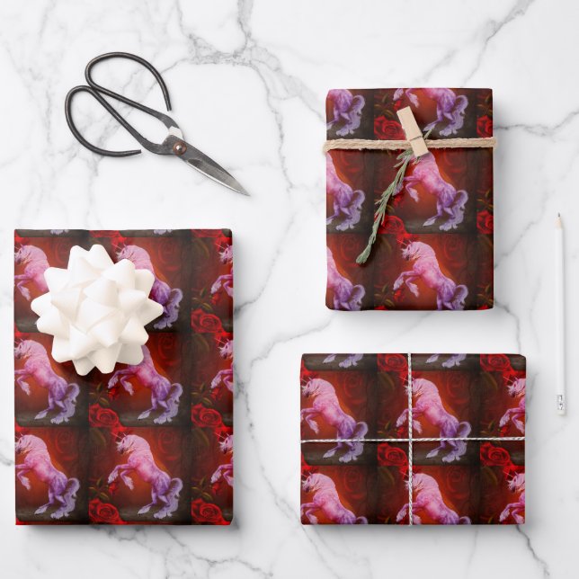 Fiery Unicorn Pferd und Rose Tier   Geschenkpapier Set (Vorderseite)