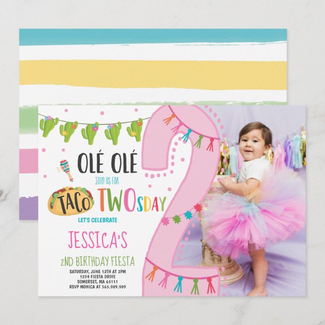 Fiesta 2e anniversaire Invitation Taco fête du Two (Devant / Derrière)