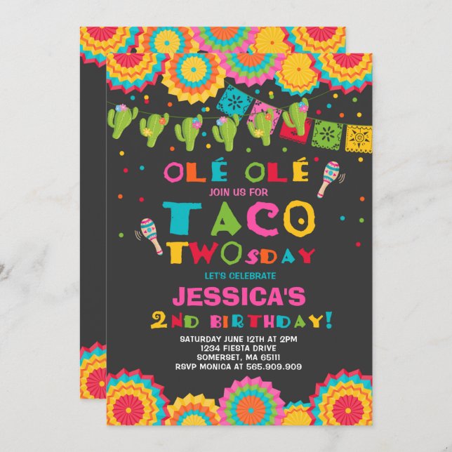 Fiesta 2e anniversaire Invitation Taco fête du Two (Devant / Derrière)