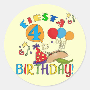 Fiesta 4. Geburtstag T - Shirt und Geschenke Runder Aufkleber