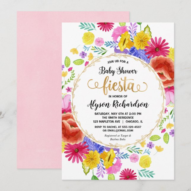 Fiesta Baby Dusche Einladung, florierende Wasserfa Einladung (Vorne/Hinten)