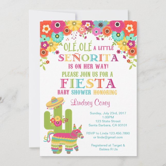 Fiesta-Baby-Dusche Invitation~ Piñata und Blumen Einladung (Vorderseite)