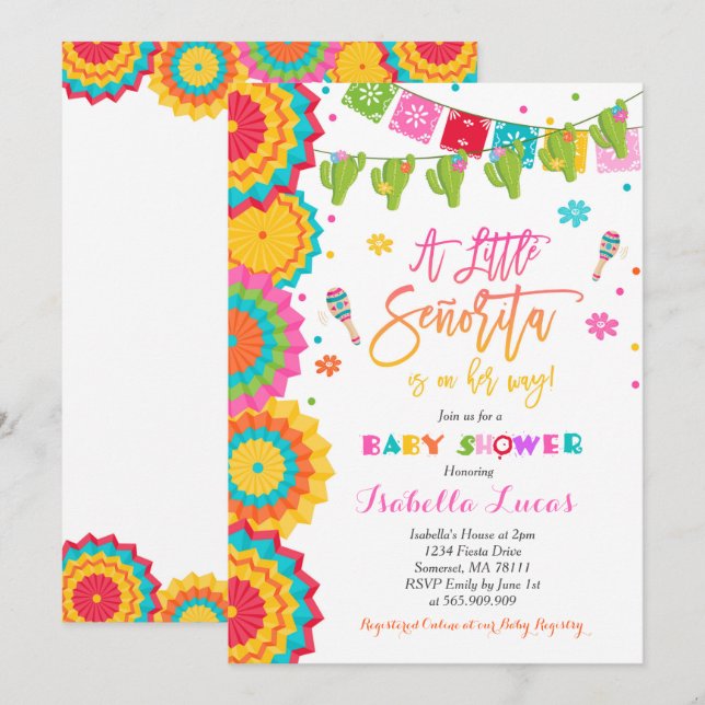 Fiesta Baby Shower Invitation Girl Fiesta Dusche Einladung (Vorne/Hinten)