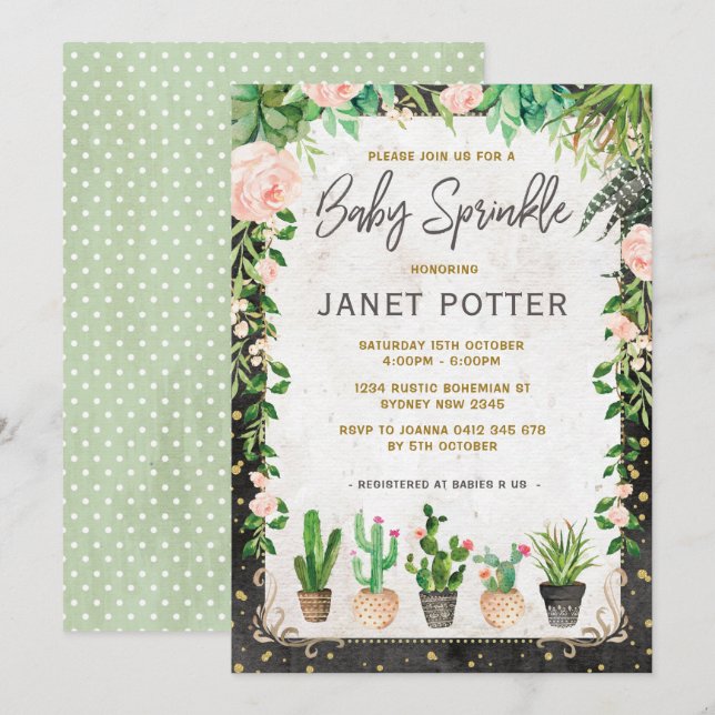Fiesta Baby Sprinkle Einladung Kakteen Grün (Vorne/Hinten)