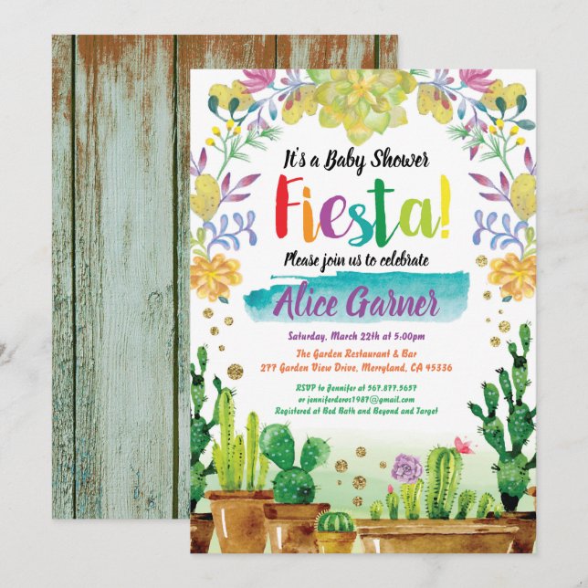 Fiesta Babydusche mit Kakteen Einladung (Vorne/Hinten)
