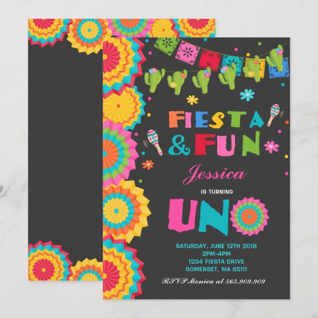 Fiesta Birthday Einladung Fiesta Fun Turning Uno (Vorne/Hinten)