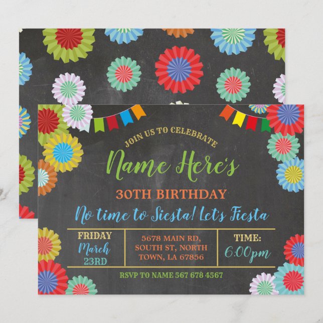 Fiesta Birthday Floral mexikanische Fans hell Einladung (Vorne/Hinten)